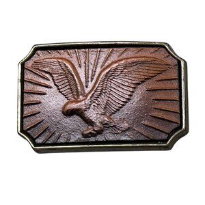 Belt Buckle Brass and Leather Embossed Eagle Western Buckle 1980s